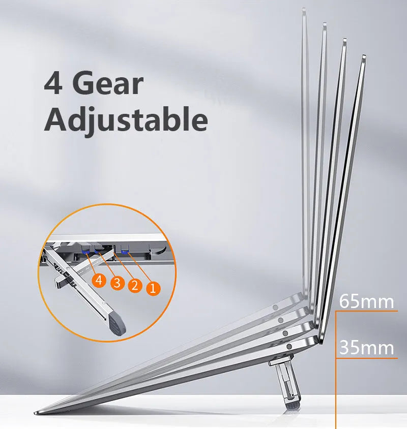 Aluminum alloy laptop cooling stand in dark grey or silver on a desk
