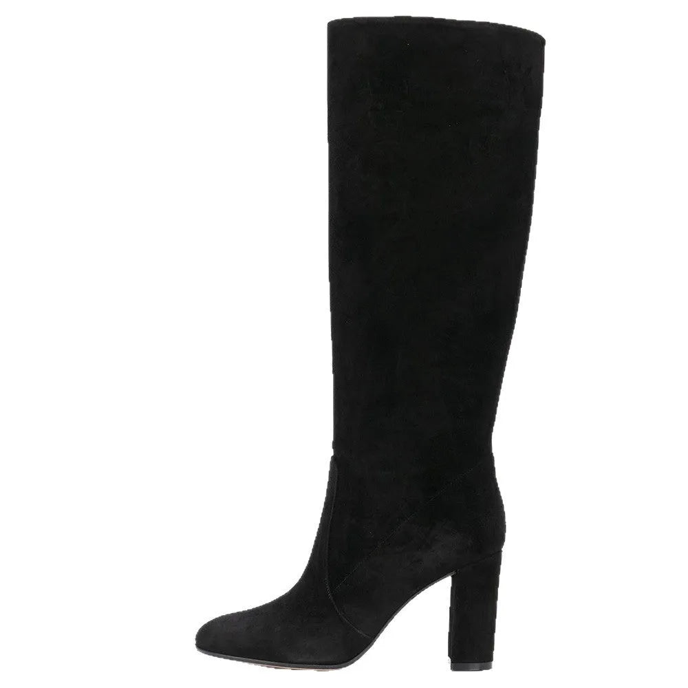 Suede pleated thick heel pointed toe over-the-knee boots in black – high cylinder with oversleeve fit