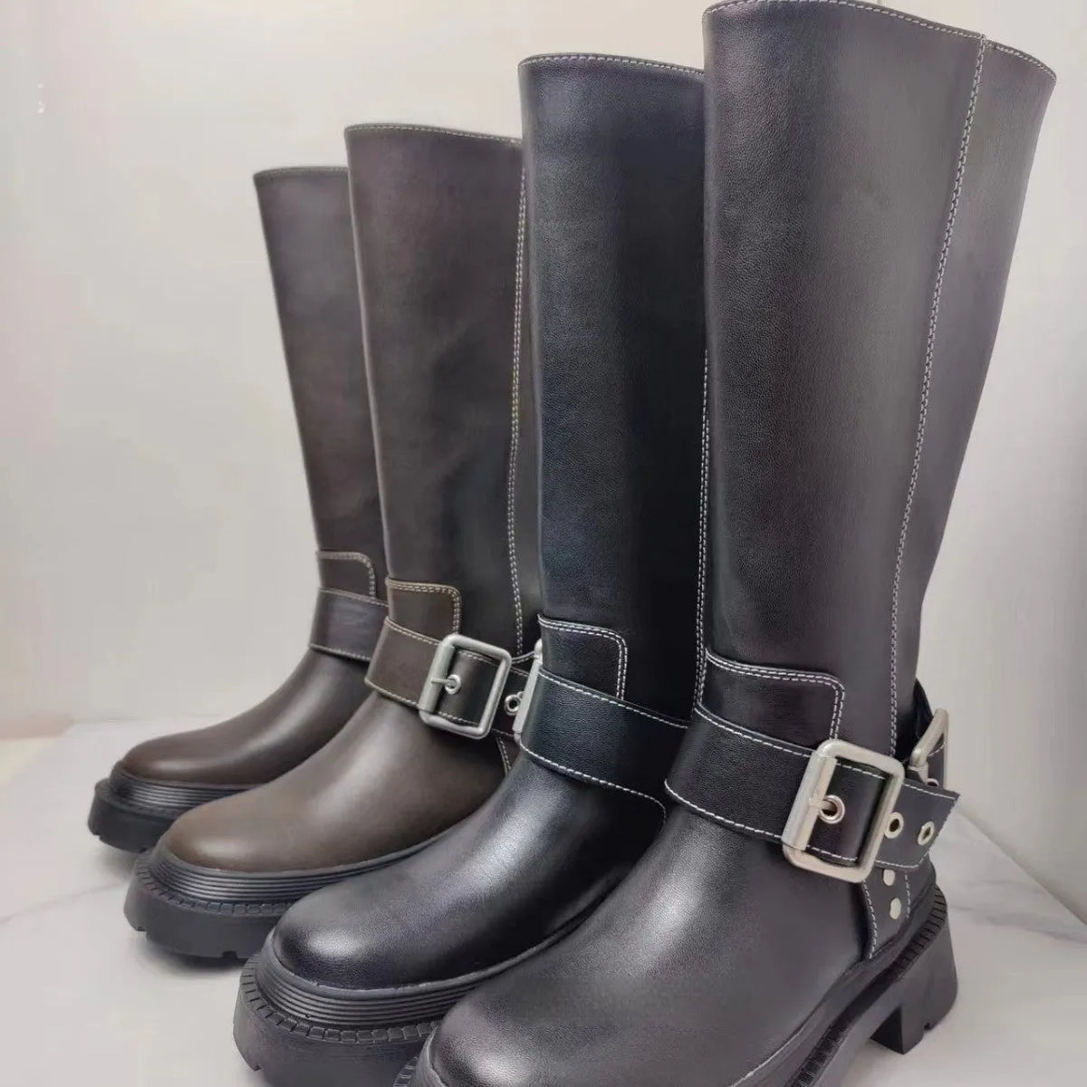 Women's brown retro height increasing platform boots with buckle decoration and non-slip rubber sole