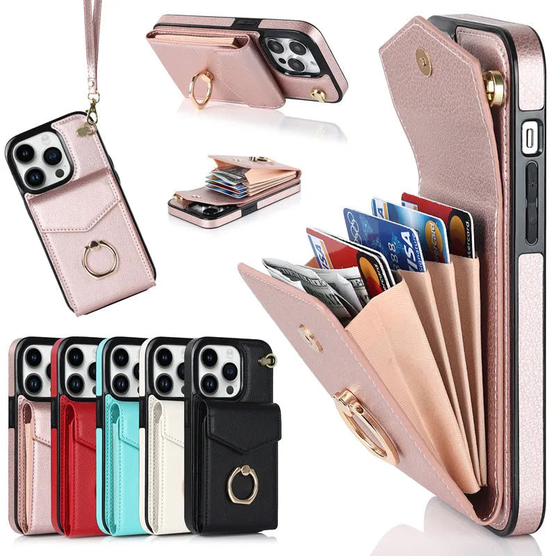 PU leather phone case with card slot and bracket for iPhone 15 16 series, rose gold finish on black background
