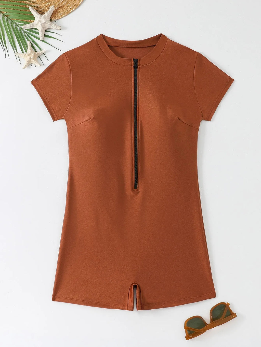Solid colour zipper one-piece swimsuit in brown with short sleeves for women