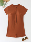 Solid colour zipper one-piece swimsuit in brown with short sleeves for women