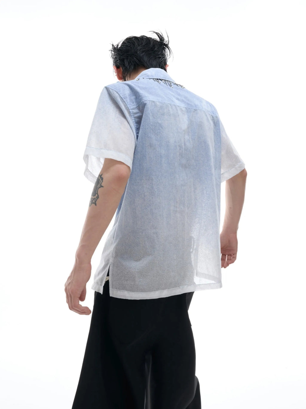 Men's blue and white gradient short sleeve casual shirt with a loose fit.
