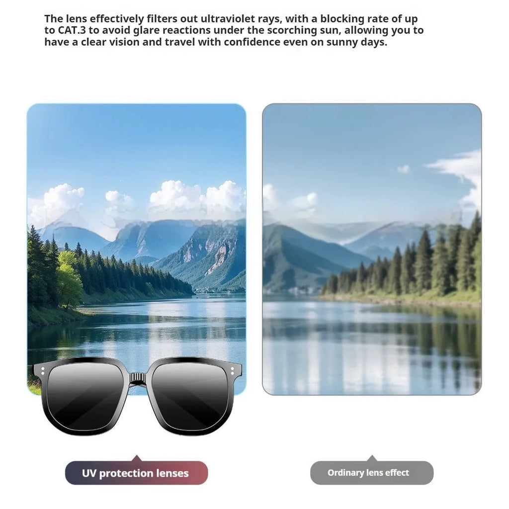 Black AI smart glasses with Bluetooth audio, touch controls, and UV protection lenses.