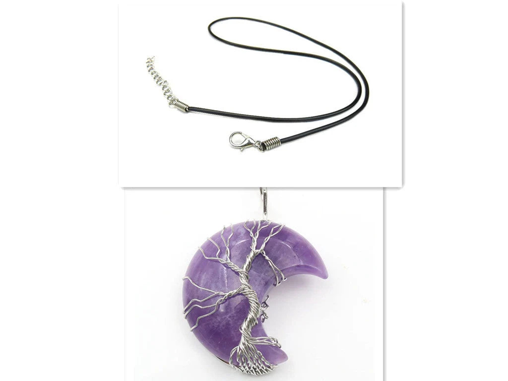 Handmade Moon Natural Crystal Stone Tree of Life Pendant Necklace in various colours