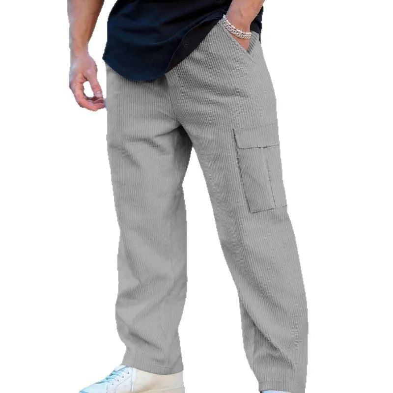 Men's straight-leg corduroy cargo trousers with elastic drawstring waist in multiple colour options