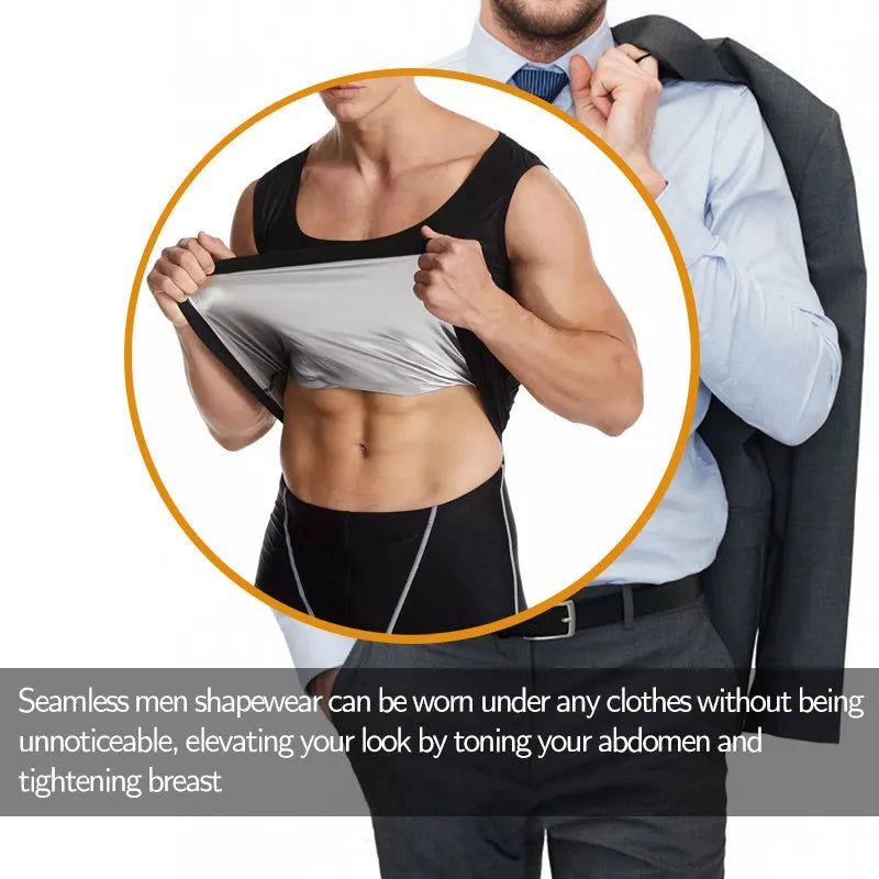 Silver-painted seamless U-neck sweat vest for men and women in milk silk and spandex, showing waist support and body sculpting fit.