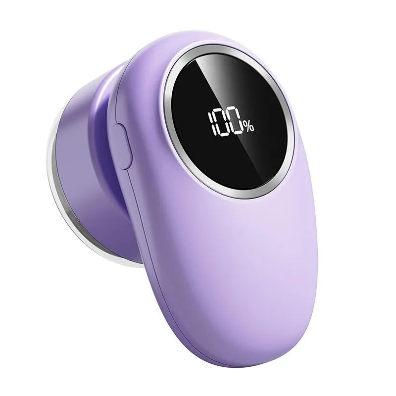 Digital display lint roller and fur ball trimmer in beige or purple with optional cutter heads.