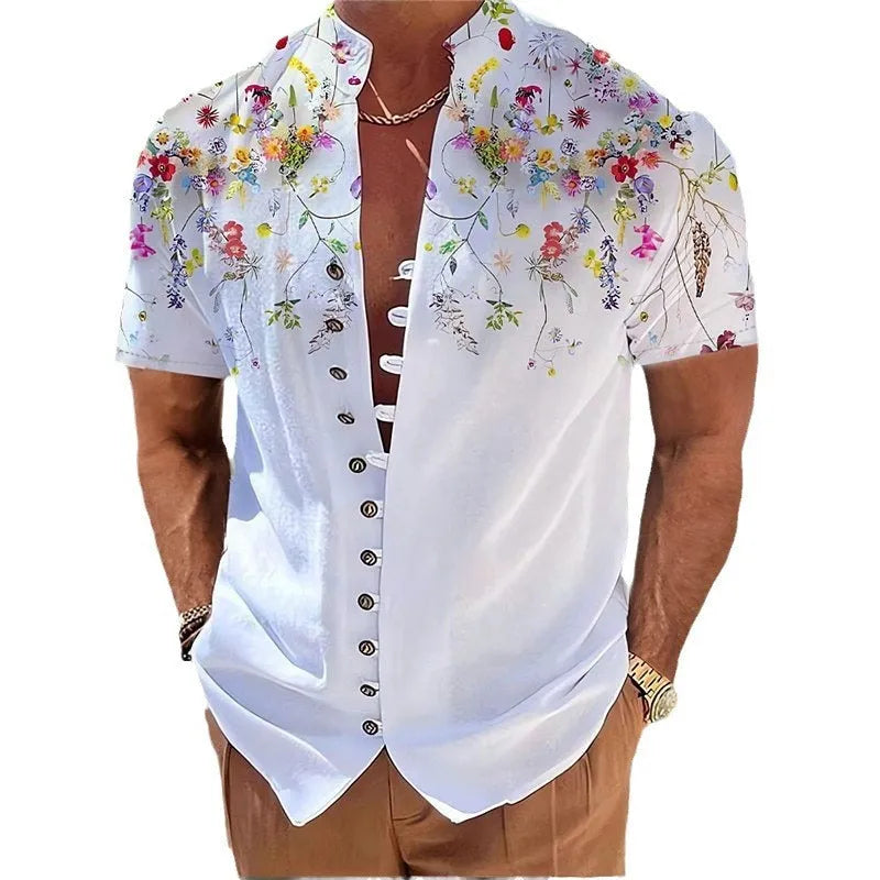 Youth wearing a short-sleeve cardigan shirt with a geometric 3D printed floral pattern in a blue colour.