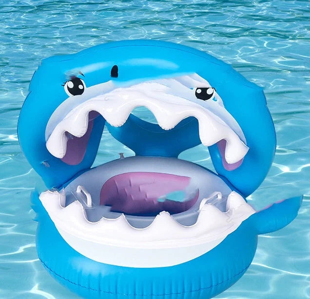 Inflatable shark seat ring for kids with sun awning, blue