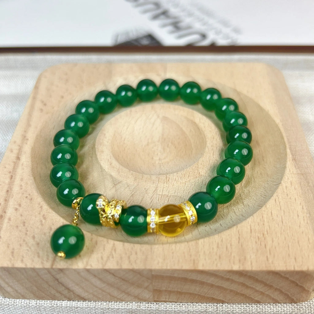 Natural green chalcedony and red agate geometric bracelet with copper components and adjustable clasp