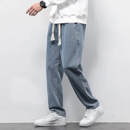Men's summer loose wide leg jeans in light blue, gray, and retro blue