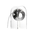 Modern minimalist acrylic table lamp with wrought iron base, 190x330mm, on a bedside table