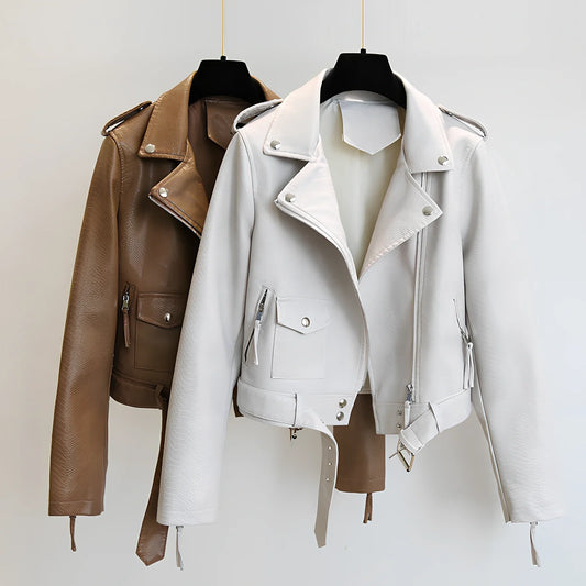 Women's short black imitation leather jacket with lapel collar and belt, 50cm length, S-XL sizes for spring autumn