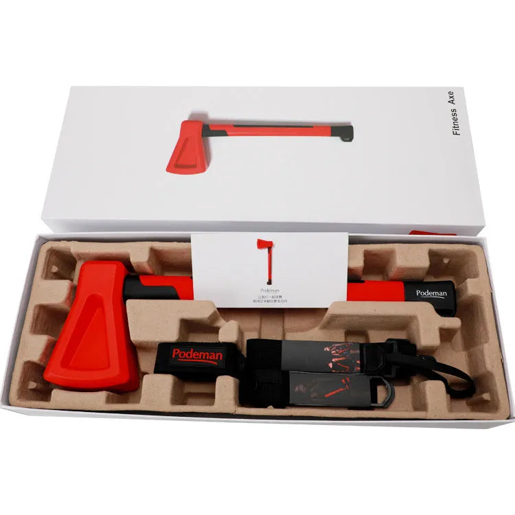 Red plastic axe-shaped muscle trainer for home fitness and strength exercises.