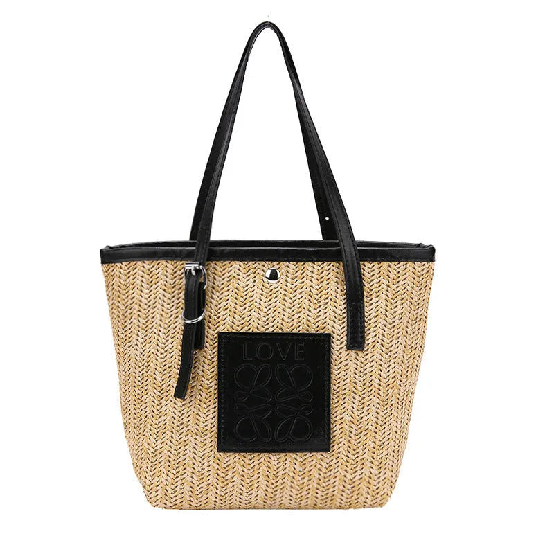 Women's straw woven shoulder bag in European retro style with three-dimensional pockets