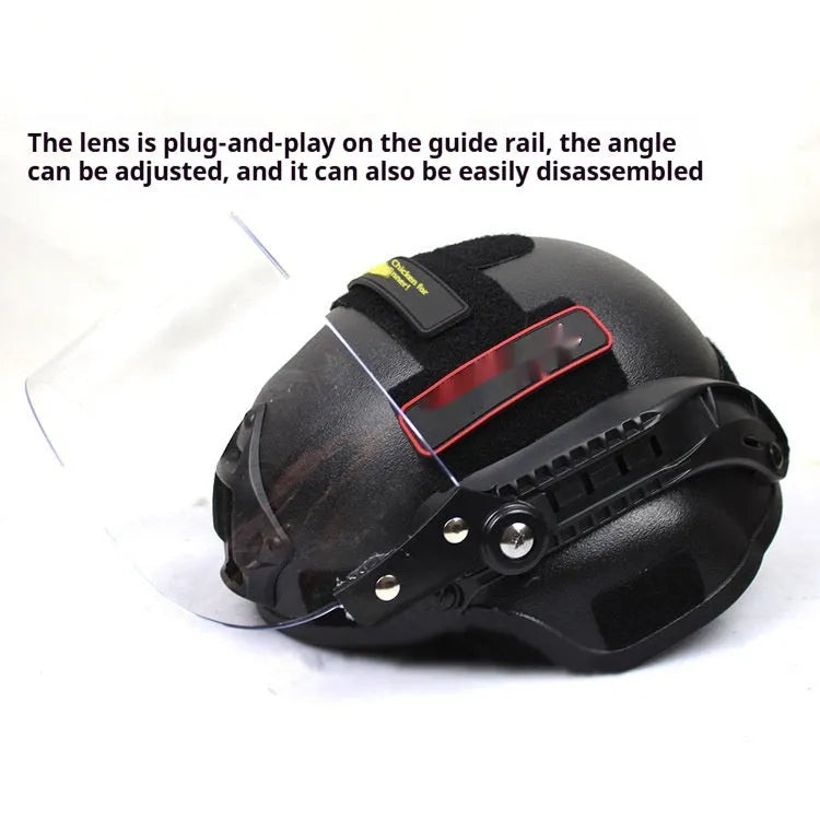 Transparent anti-riot tactical helmet shown in multiple colour options with protective visor