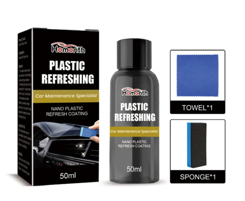 Nano plastic repair coating kit with bottle, sponge applicator, and microfiber towel for car scratches