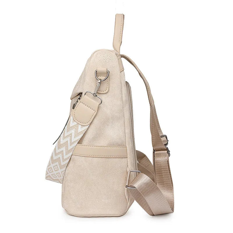Women's PU leather national style contrast colour backpack with multiple pockets, available in beige, black, blue, dark brown, khaki, and light blue
