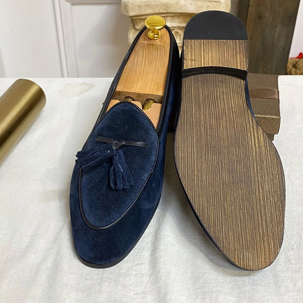 Men's dark blue suede slip-on loafers made from genuine cowhide leather lightweight design size 40