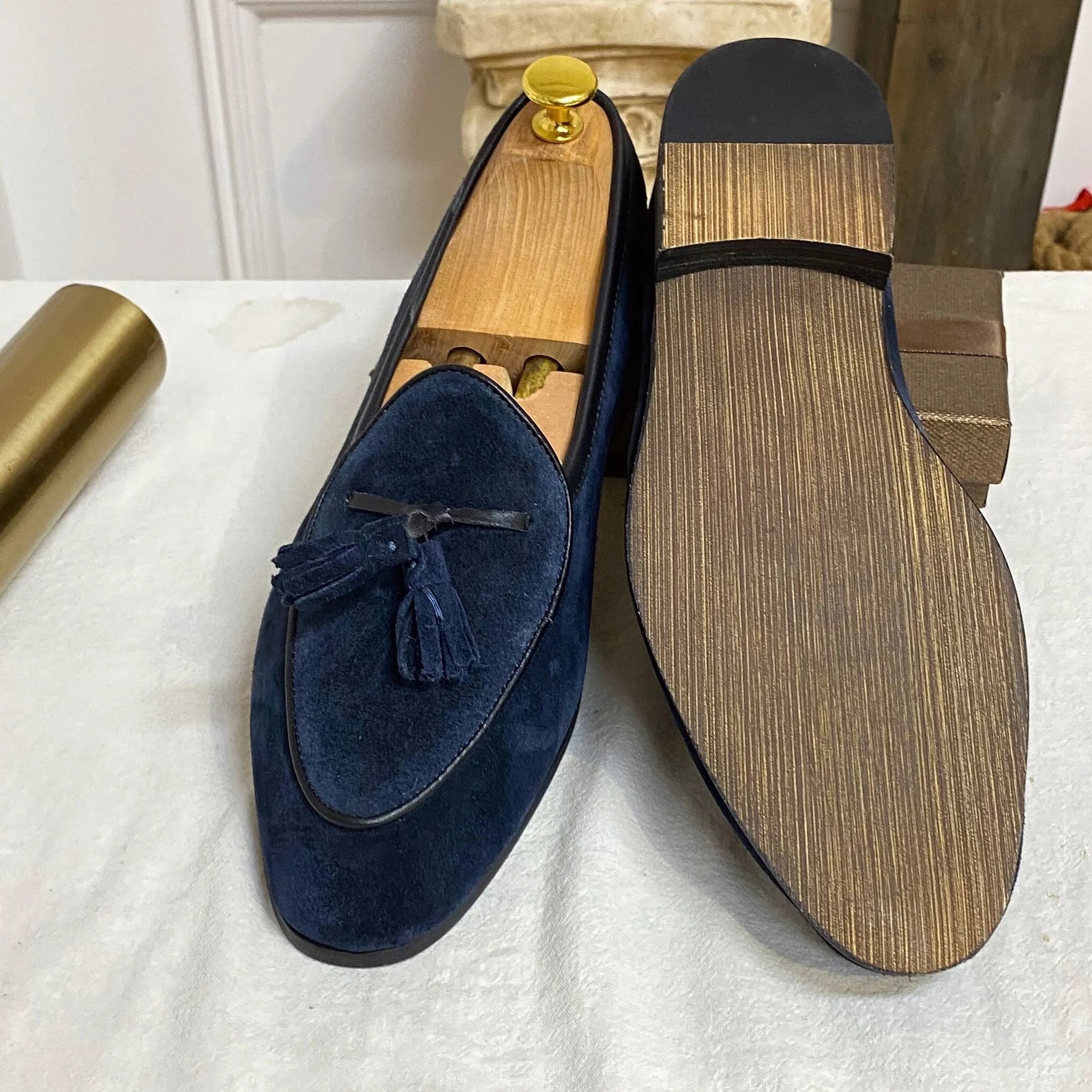 Men's dark blue suede slip-on loafers made from genuine cowhide leather lightweight design size 40