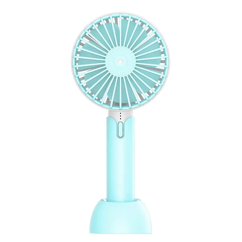 Blue handheld and desktop mini USB electric fan with three speed settings.