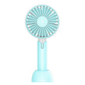 Blue handheld and desktop mini USB electric fan with three speed settings.