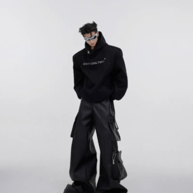 Men's loose red hooded sweater with heavy shoulder pads and raised three-dimensional printing pattern.