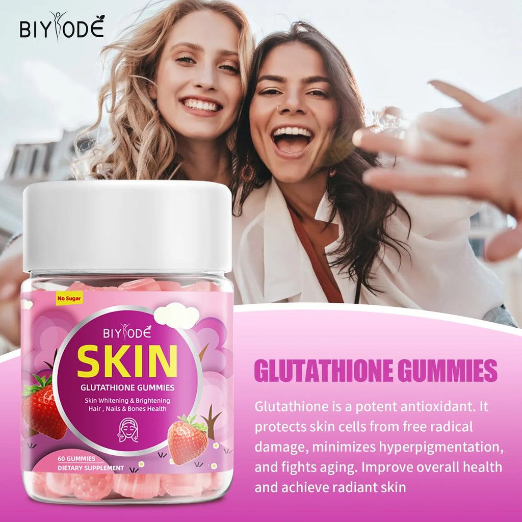 Bottle of glutathione collagen multivitamin gummy supplement with 60 gummies, certified GMP HALAL NSF