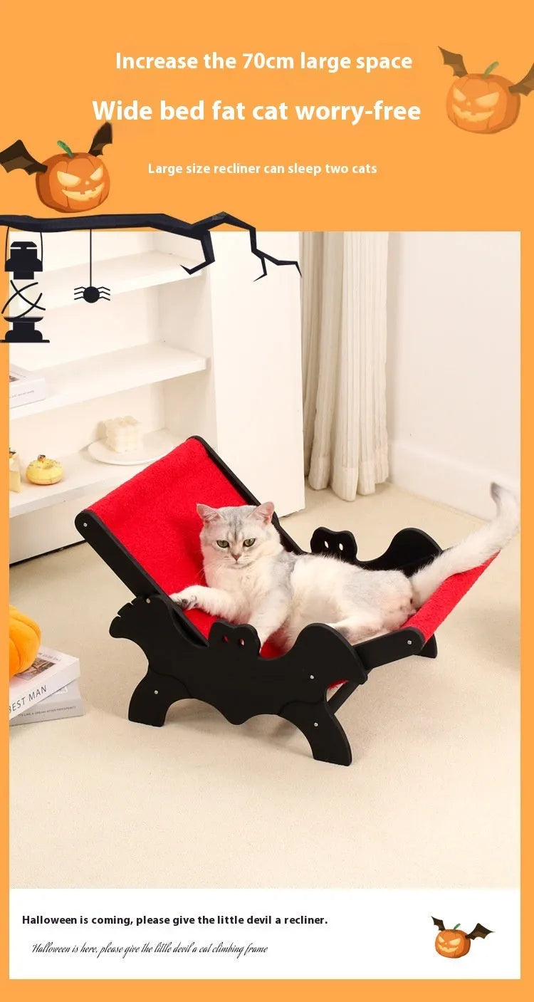 Wooden cat recliner bed with black and red Halloween colour theme