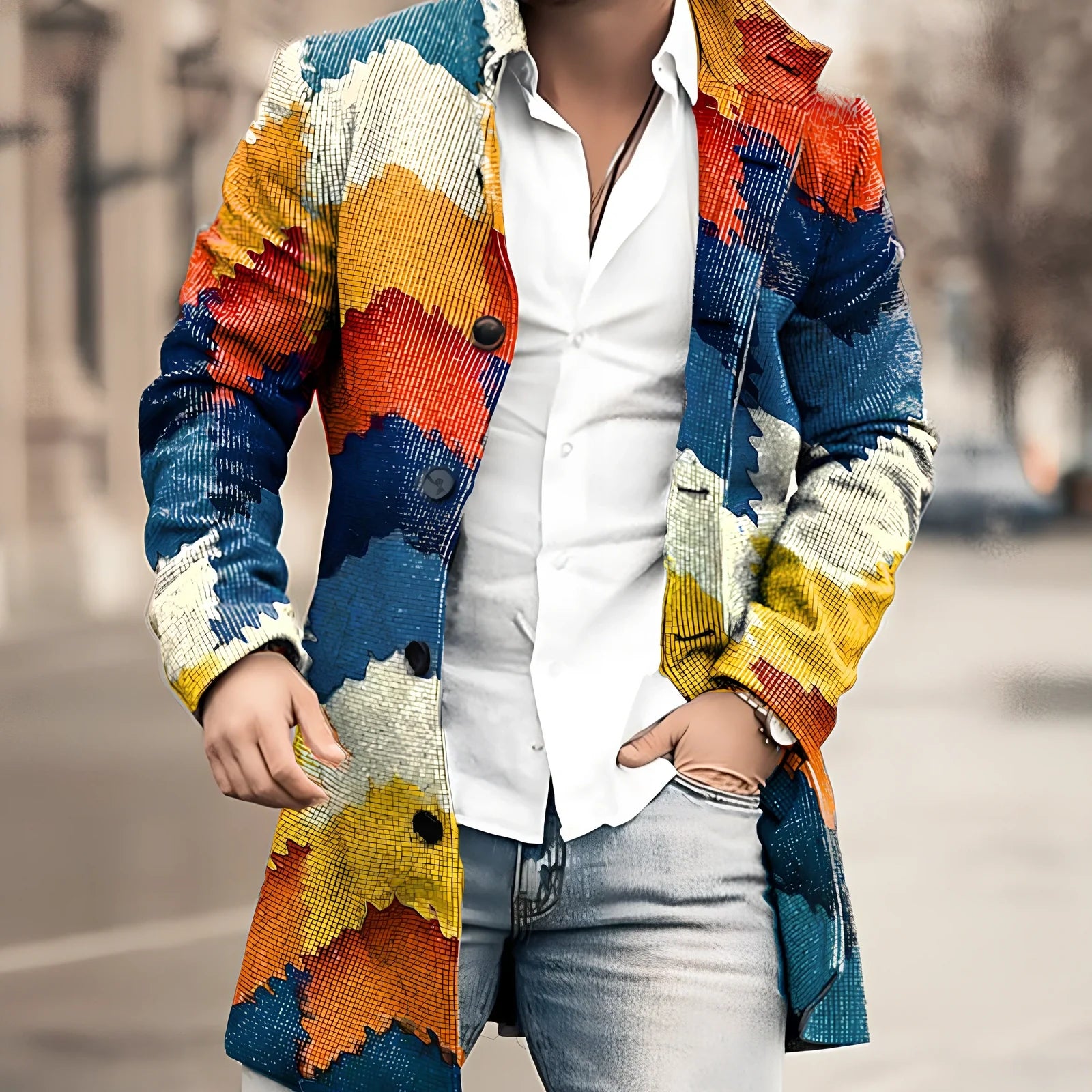 Youth slim casual cotton windbreaker jacket in blue or brown, sizes M-4XL with 83-88cm length and 110-130cm bust measurements