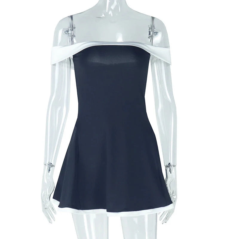 Women's black and white patchwork summer dress with slash neck and backless design