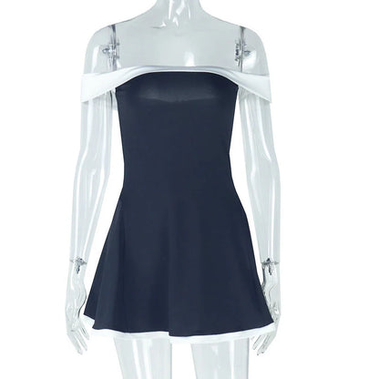 Women's black and white patchwork summer dress with slash neck and backless design