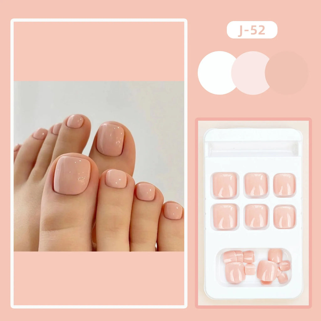 Finished plastic toenail stickers in skin colour with glue bottle, presented on a card.