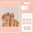 Finished plastic toenail stickers in skin colour with glue bottle, presented on a card.