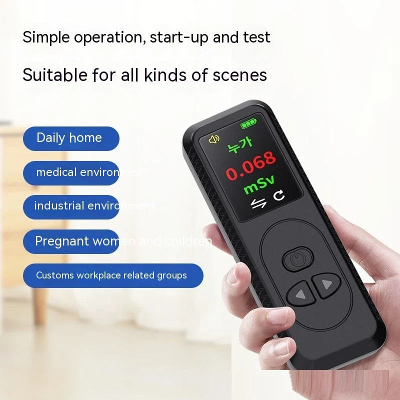 Portable Geiger counter nuclear radiation detector with TFT color display, measures X, gamma, and beta radiation levels