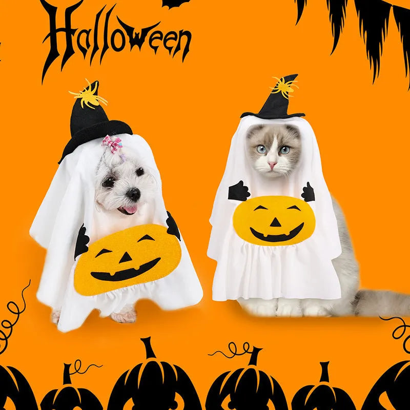 White pumpkin ghost costume suit for a dog on a mannequin, showing the full one-piece design.
