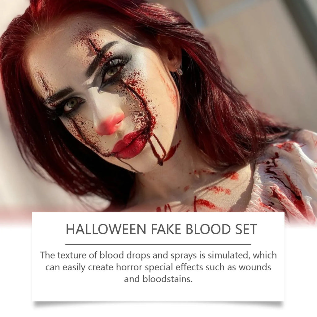 Halloween fake blood makeup set with plasma drops bottle, spray bottle and facial soap