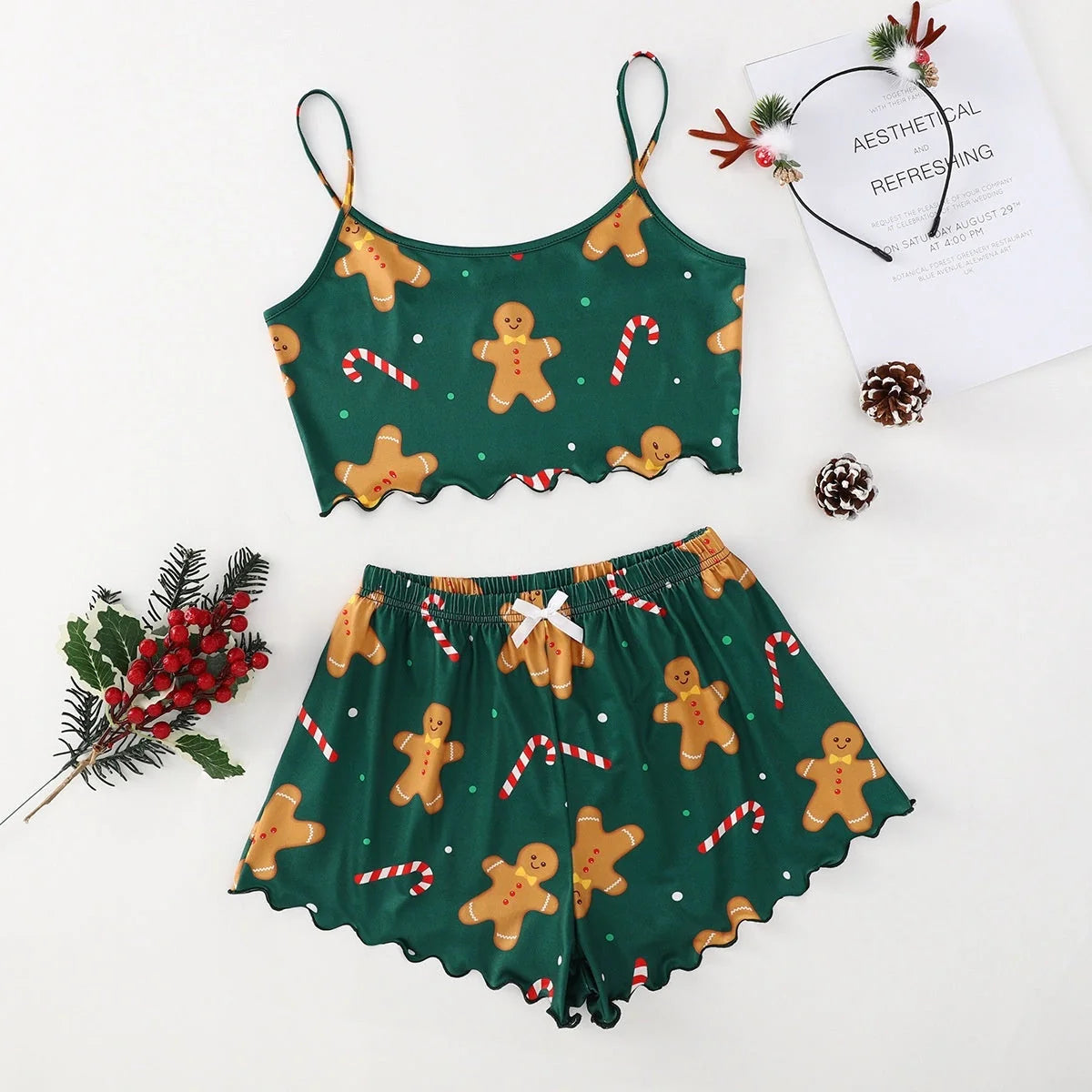 Women's Christmas-themed milk silk pajamas set with sleeveless top and shorts