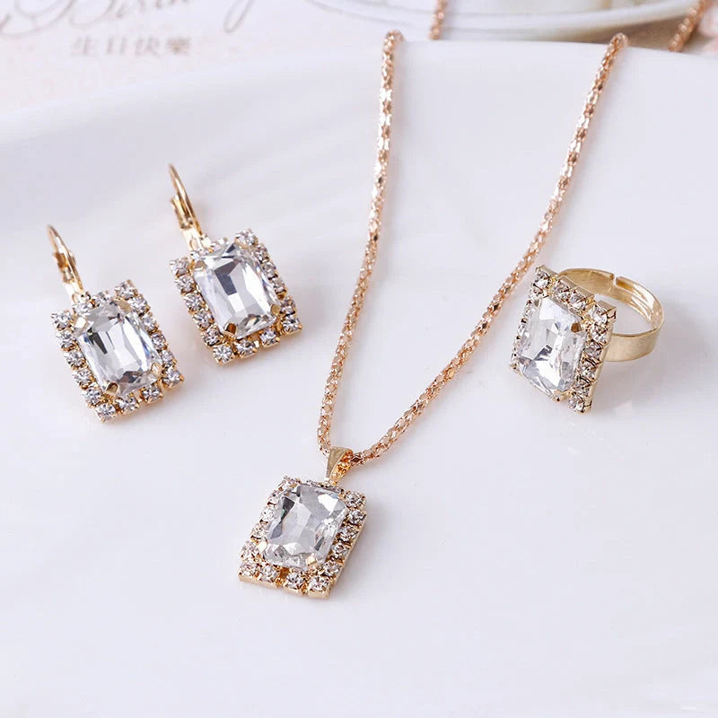 Elegant three-piece alloy jewellery set with diamond treatment in seven colours