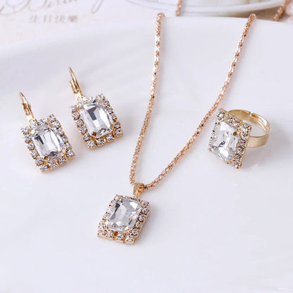 Elegant three-piece alloy jewellery set with diamond treatment in seven colours