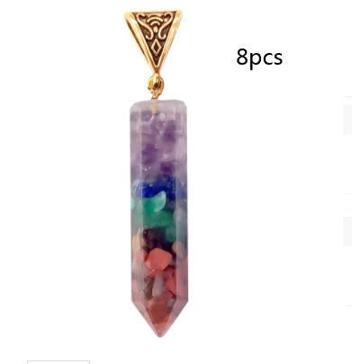 Seven chakra natural crushed stone hexagon column necklace with aura pendant in gold color