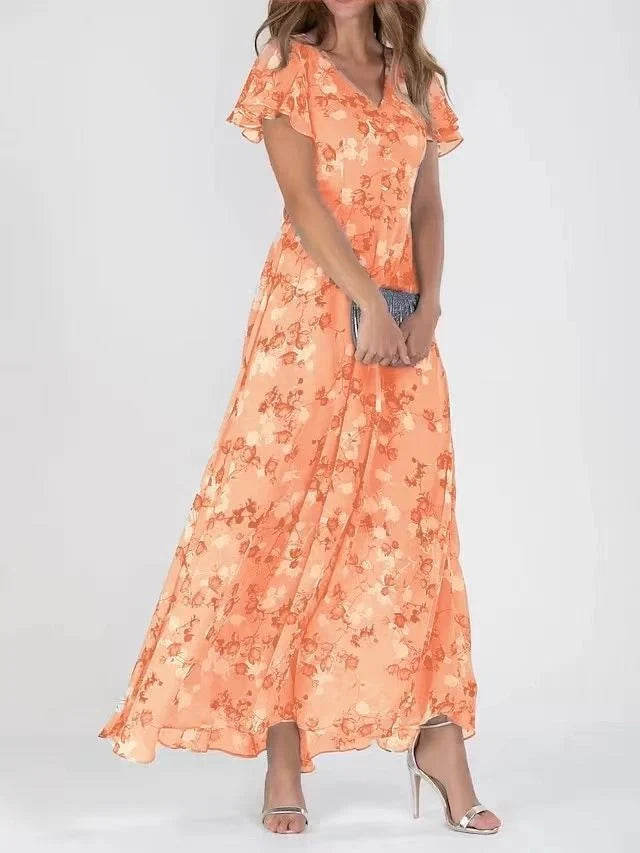 Floral print V-neck A-line dress with ruffle sleeves for women
