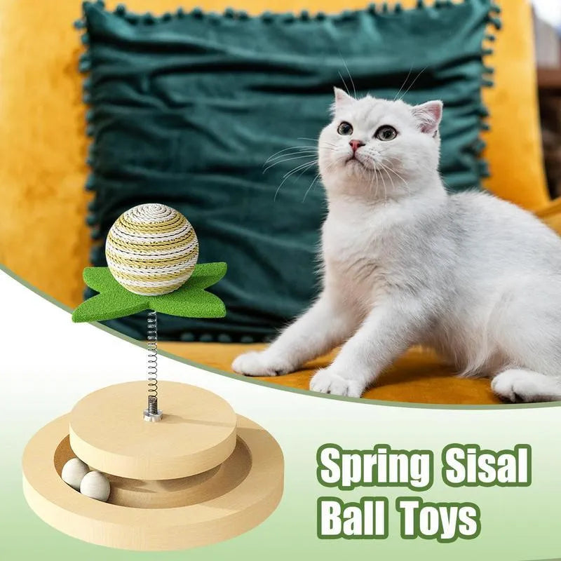 Green sisal cat scratching pad with interactive ball track and springs for indoor feline play