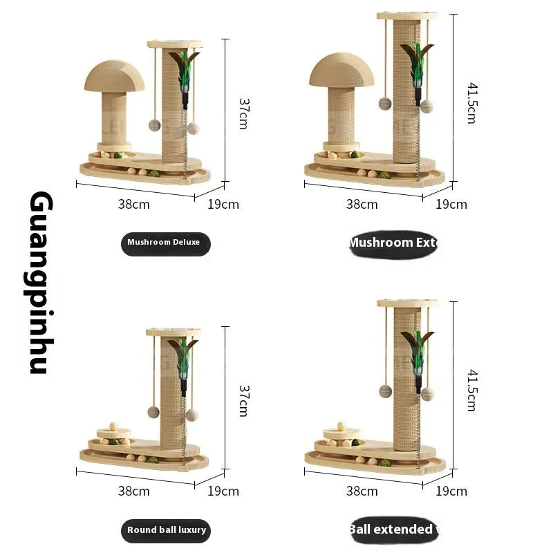 Solid wood cat scratching post with a central oval-shaped turntable platform for cats to play on.