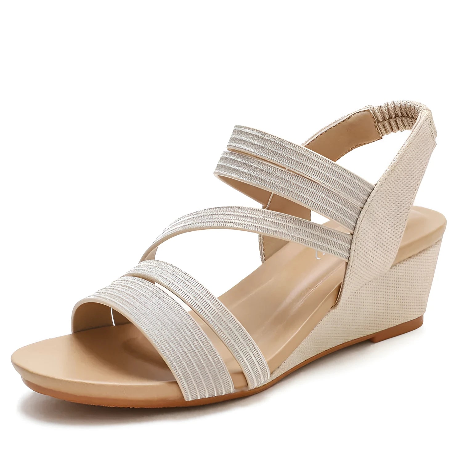 Gold women's platform sandals with a medium heel on a grey background.