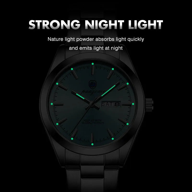 Men's double calendar luminous quartz watch with silver case and steel strap