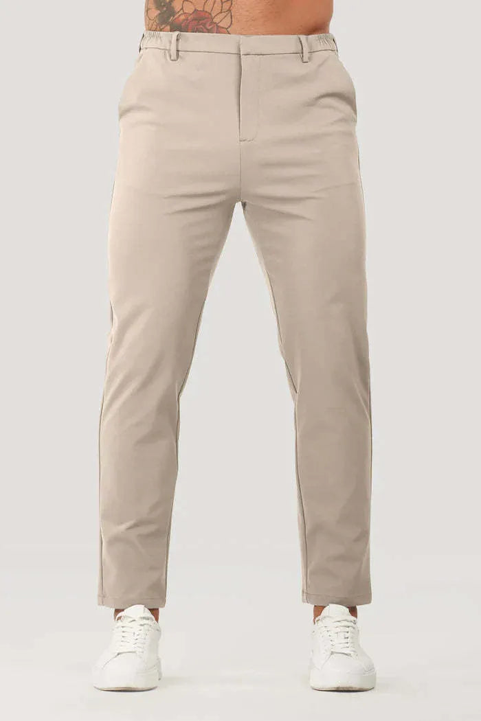 Men's solid colour casual suit trousers in grey, mid waist straight leg with button fly