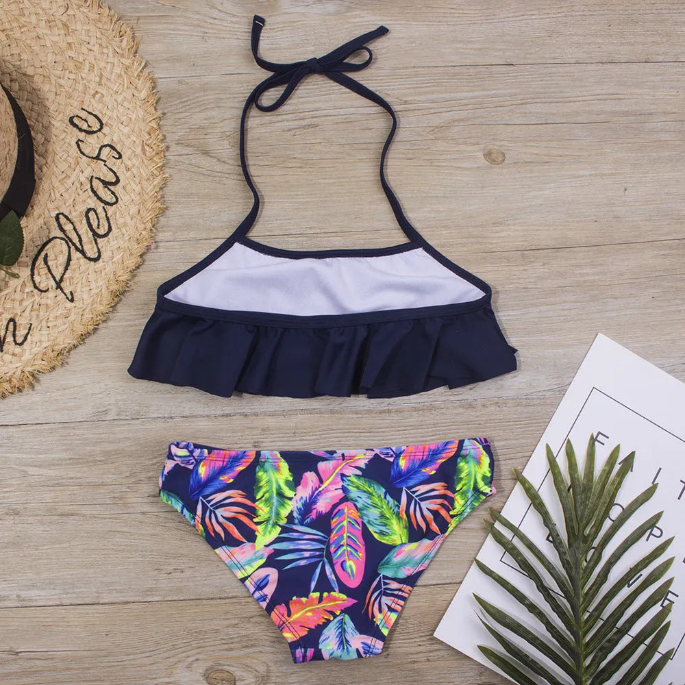 Feather printed lace up bikini set in chemical fibre blend with high elasticity for swimming and wading sports