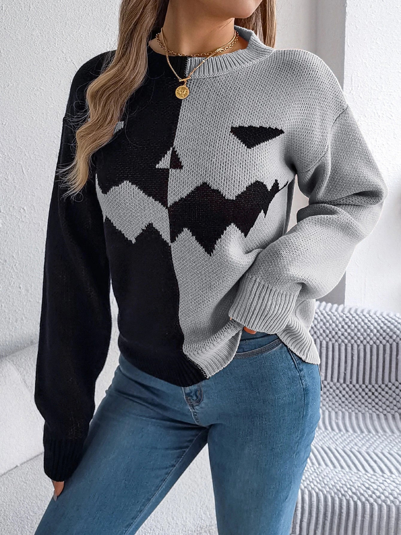 Spooky Chic Halloween Pullover Sweater in Orange, Khaki, and Grey colors with ghost print design